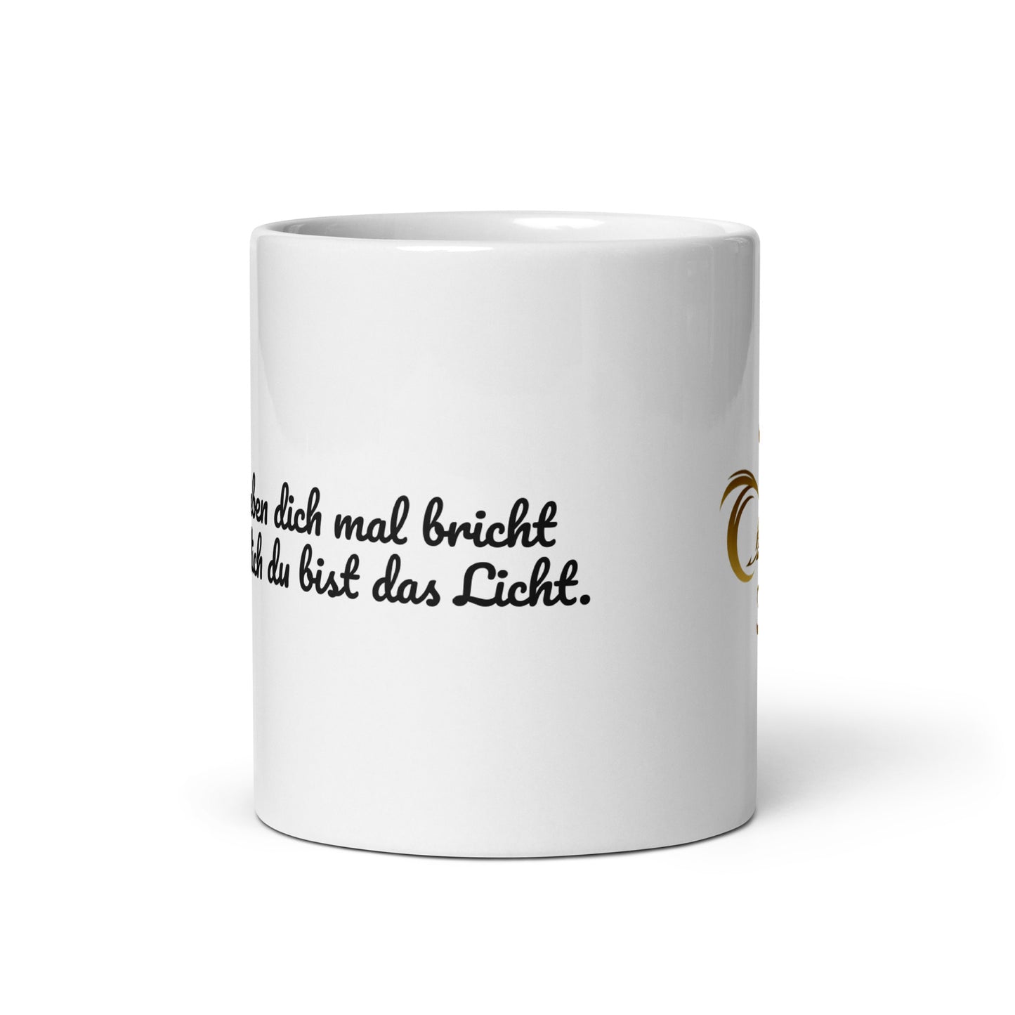 Weiße, glänzende Keramiktasse 325ml mit R36 Logo und Spruch, seitliche Ansicht
