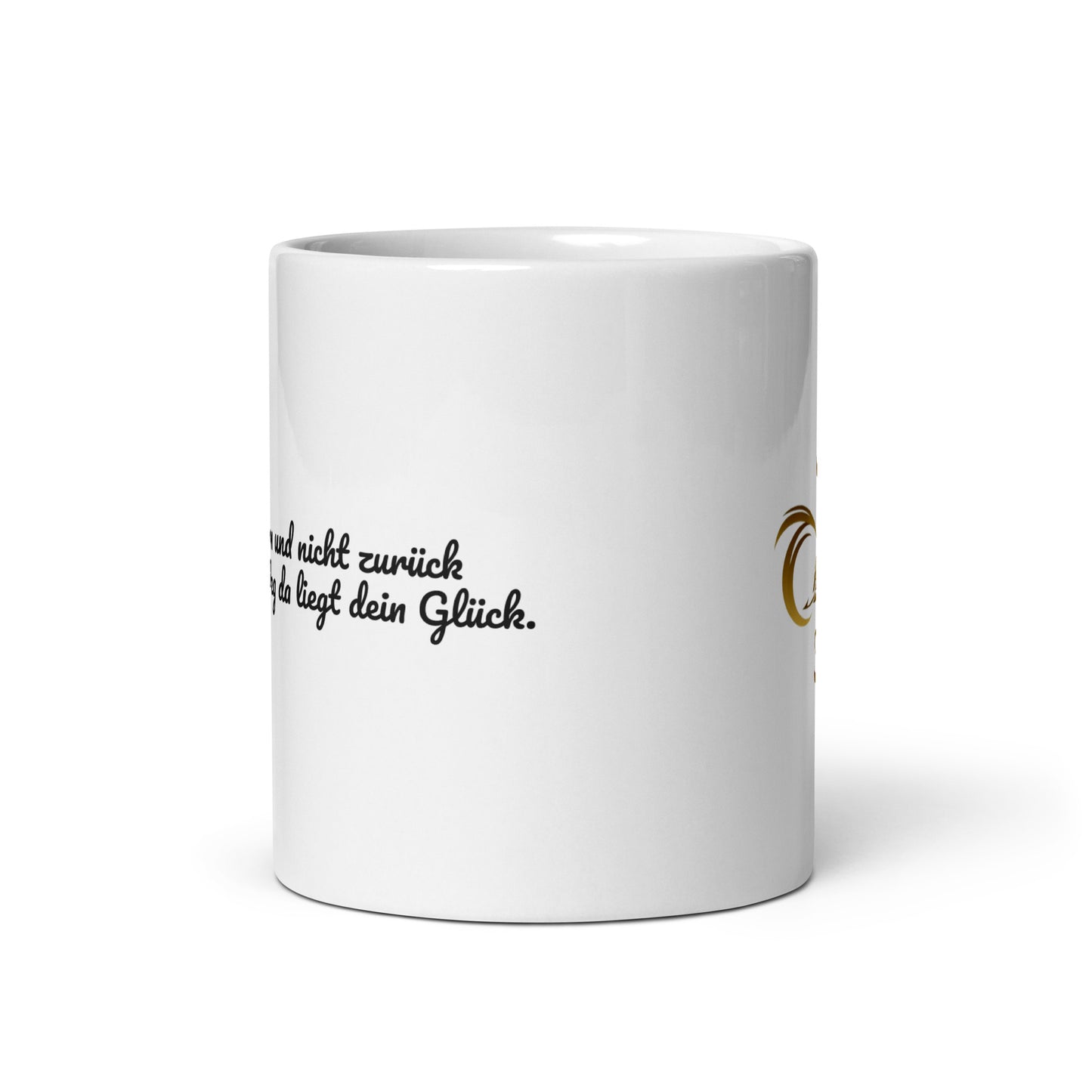 Weiße, glänzende Keramiktasse 325ml mit R36 Logo und Spruch, seitliche Ansicht