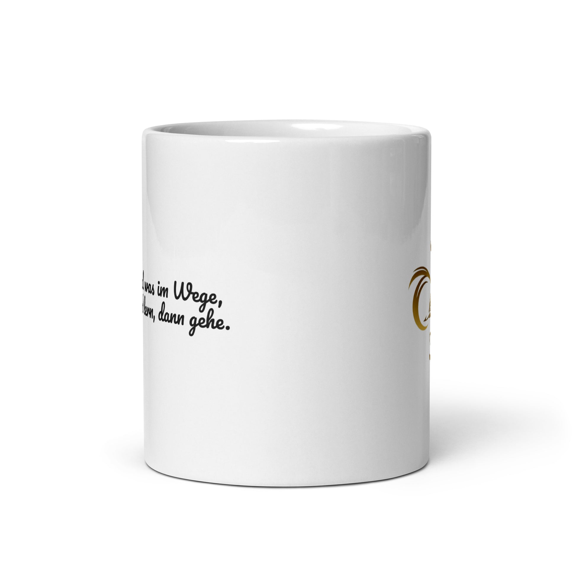 Weiße, glänzende Keramiktasse 325ml mit R36 Logo und Spruch, seitliche Ansicht