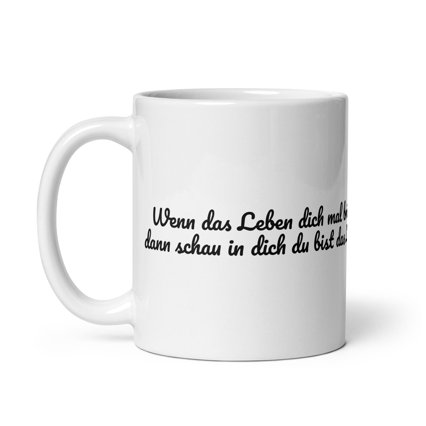 Weiße, glänzende Keramiktasse 325ml mit R36 Spruch „Motivation“, Henkel links