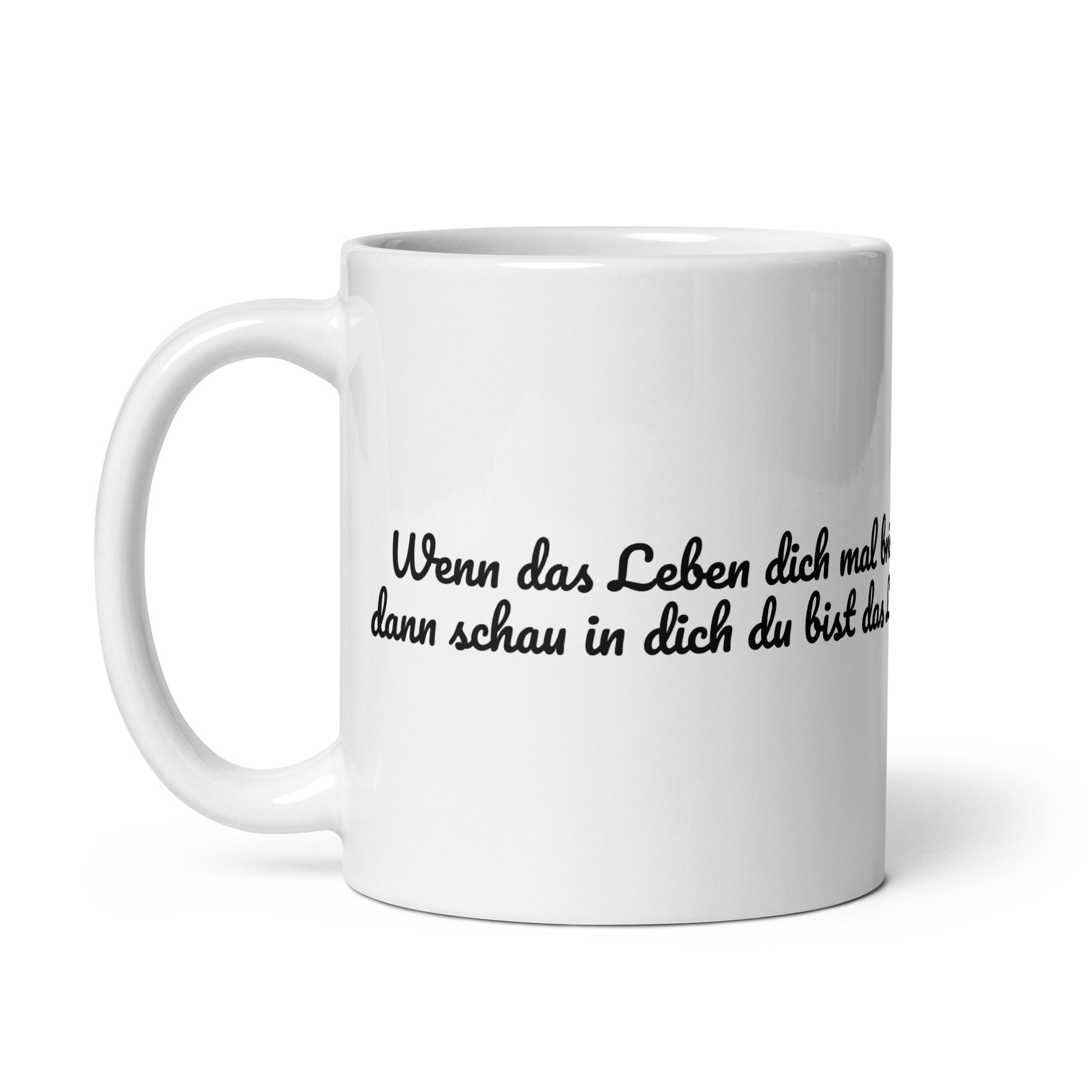 Weiße, glänzende Keramiktasse 325ml mit R36 Spruch „Motivation“, Henkel links