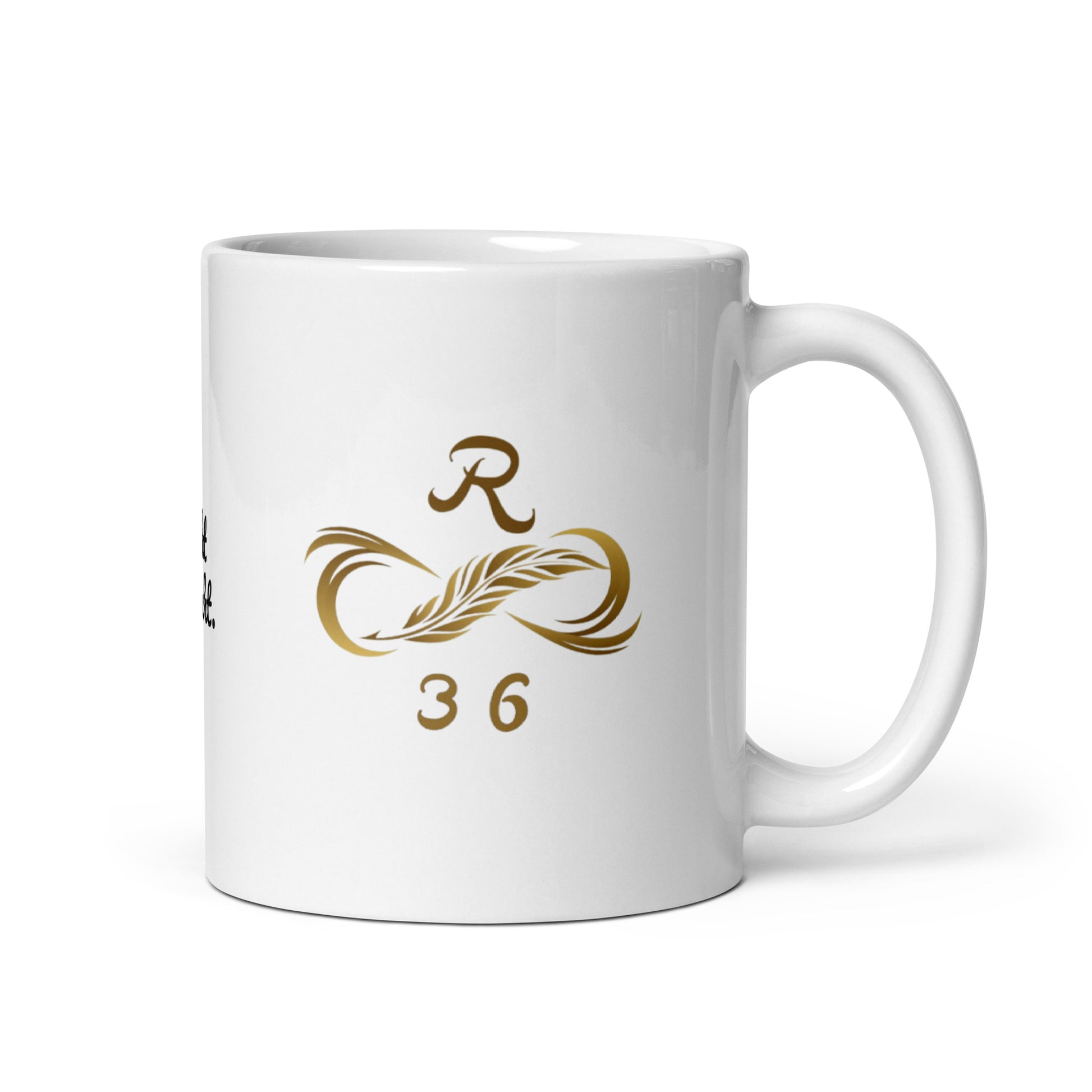 Weiße, glänzende Keramiktasse 325ml mit R36 Logo, Henkel rechts